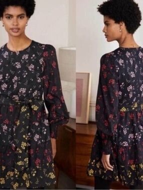 Boden Black Floral Long-Sleeve Belted Dress